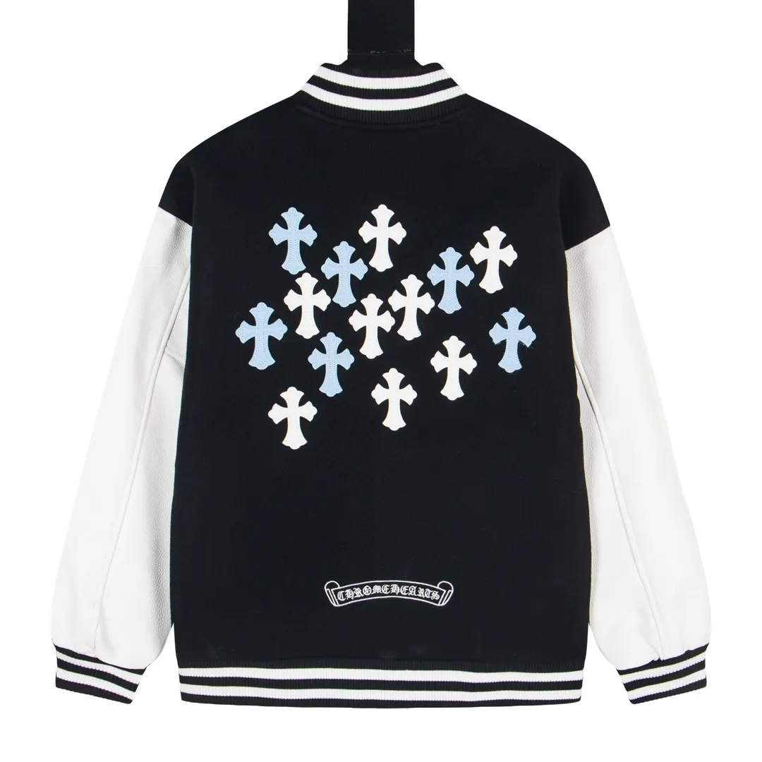 P360 model number Y608 Chrome Hearts Fw25 Chrome Hearts blue and white cross baseball jacket, same style for men and women, hot new product, original customized woolen fabric with a little thickness, early spring weather is still very good for the upper body, imported spliced pu leather sleeves, original molding and fine leather material, super heavy engineering design on the chest and back, exclusive custom cross metal decoration, customized loose fit, very handsome for both men and women, all details respect the original Mold customization of distressed cross snaps with incomparable distressed texture SIZE:M-XXL